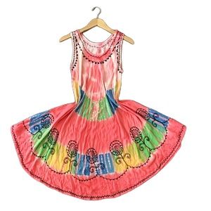 Tie Dye Sundress/Swimsuit coverup, embroidered, mid maxi, one size fits all.
